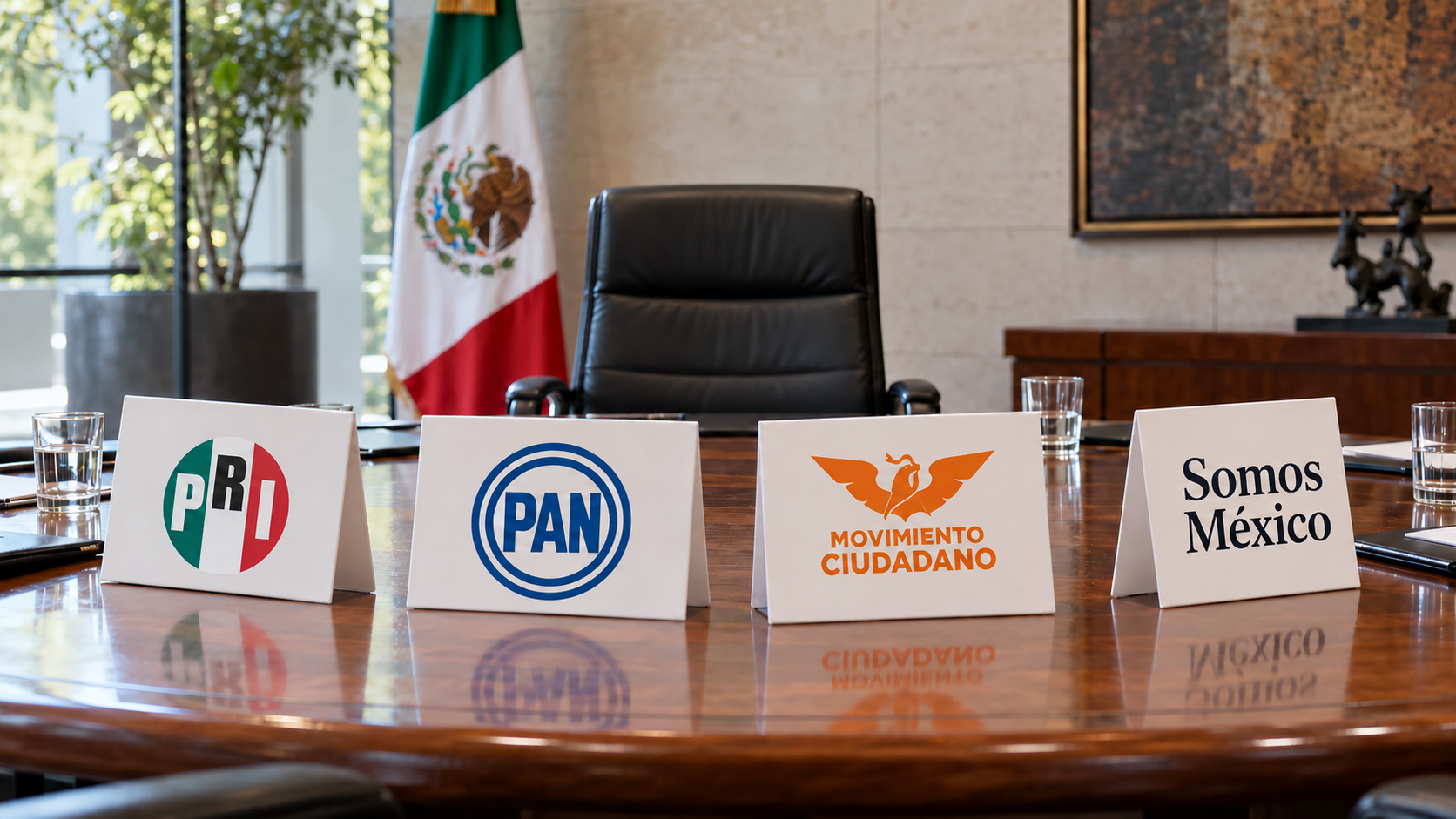 Mesa de conferencia con cuatro partidos